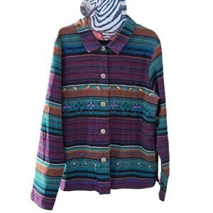 Southwestern Aztec Print‎ Boho Hippie Rainbow Strip Lightweight Jacket M Beaded